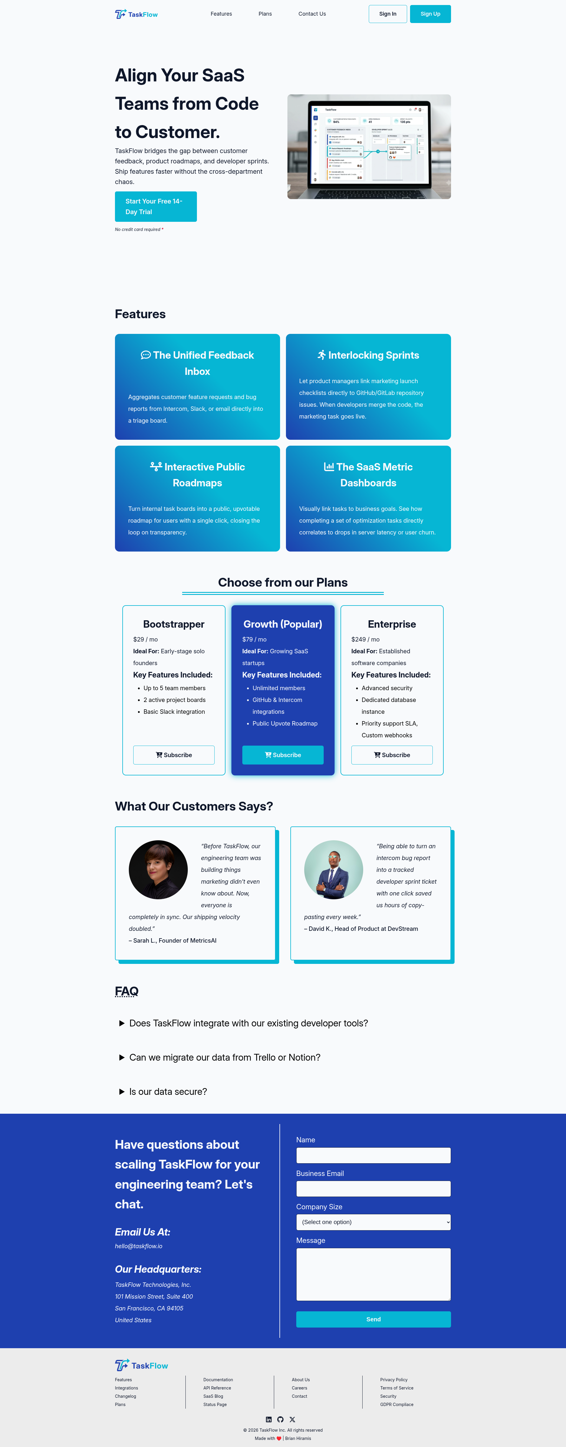 TaskFlow Landing Page User Interface.